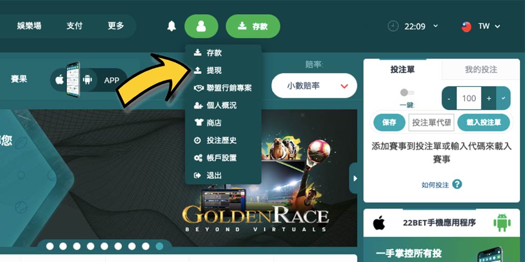 22BET賭場/體育投注網站-如何成功出金/提款?