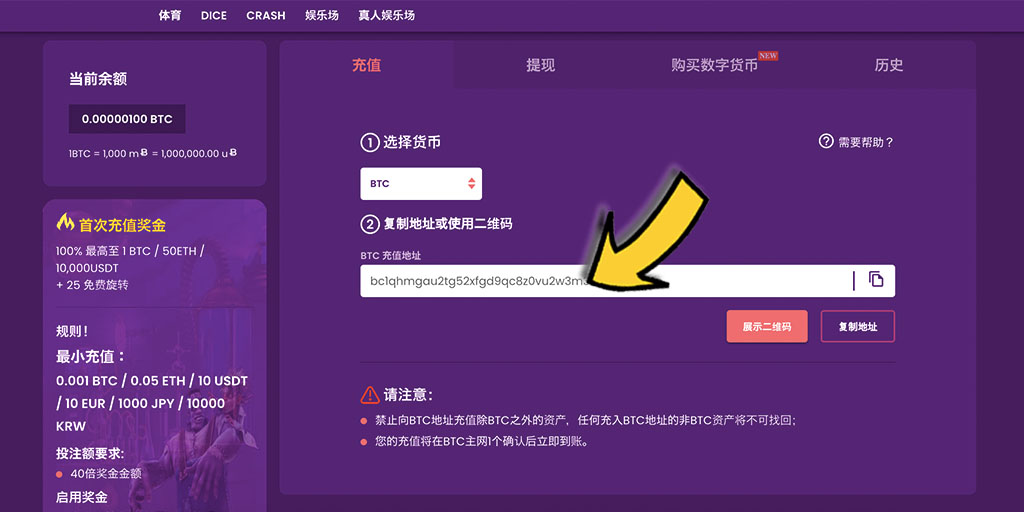 TrustDice Casino(信任骰子)比特幣賭場-如何成功入金/存款?